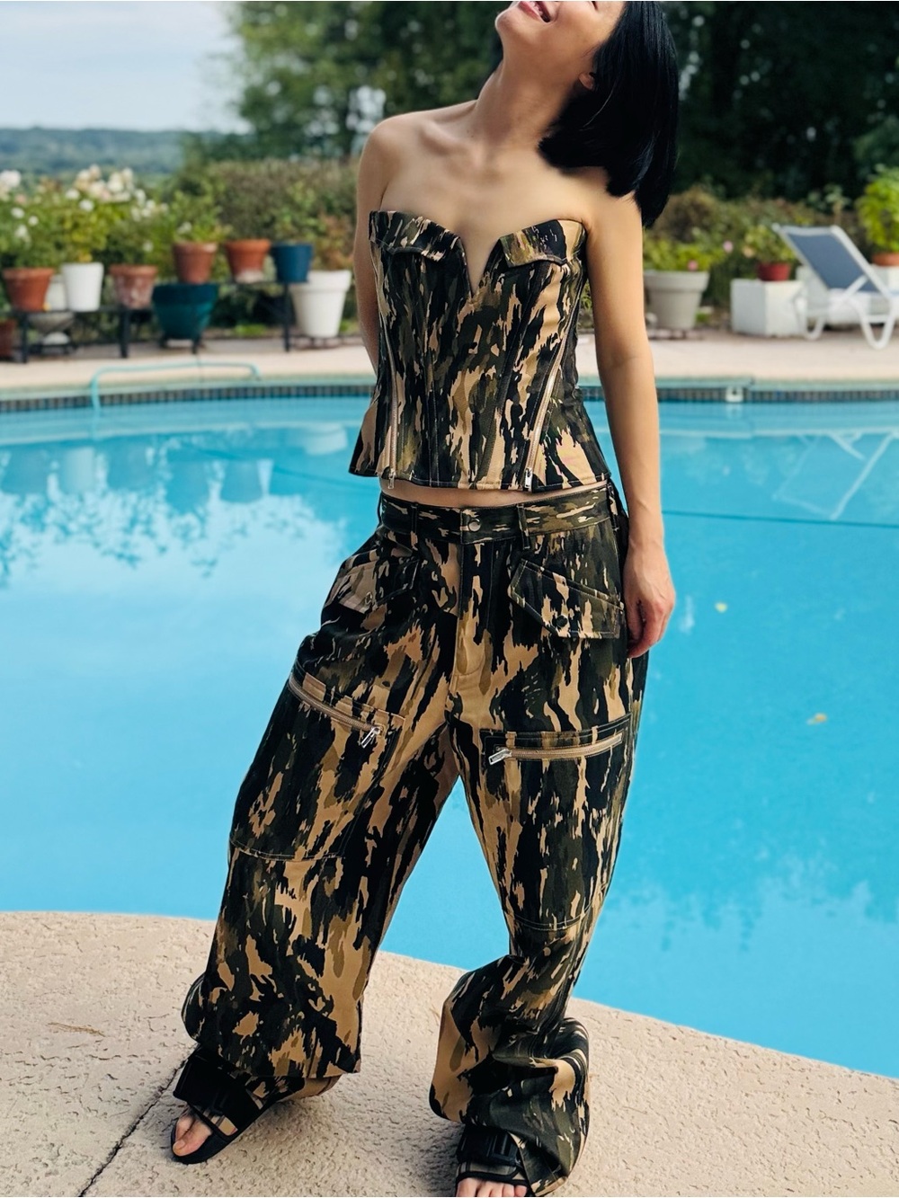 NWOT Dion Lee Strapless Camouflage Corset Top & Wide-Leg Pants Set, Size US 6
